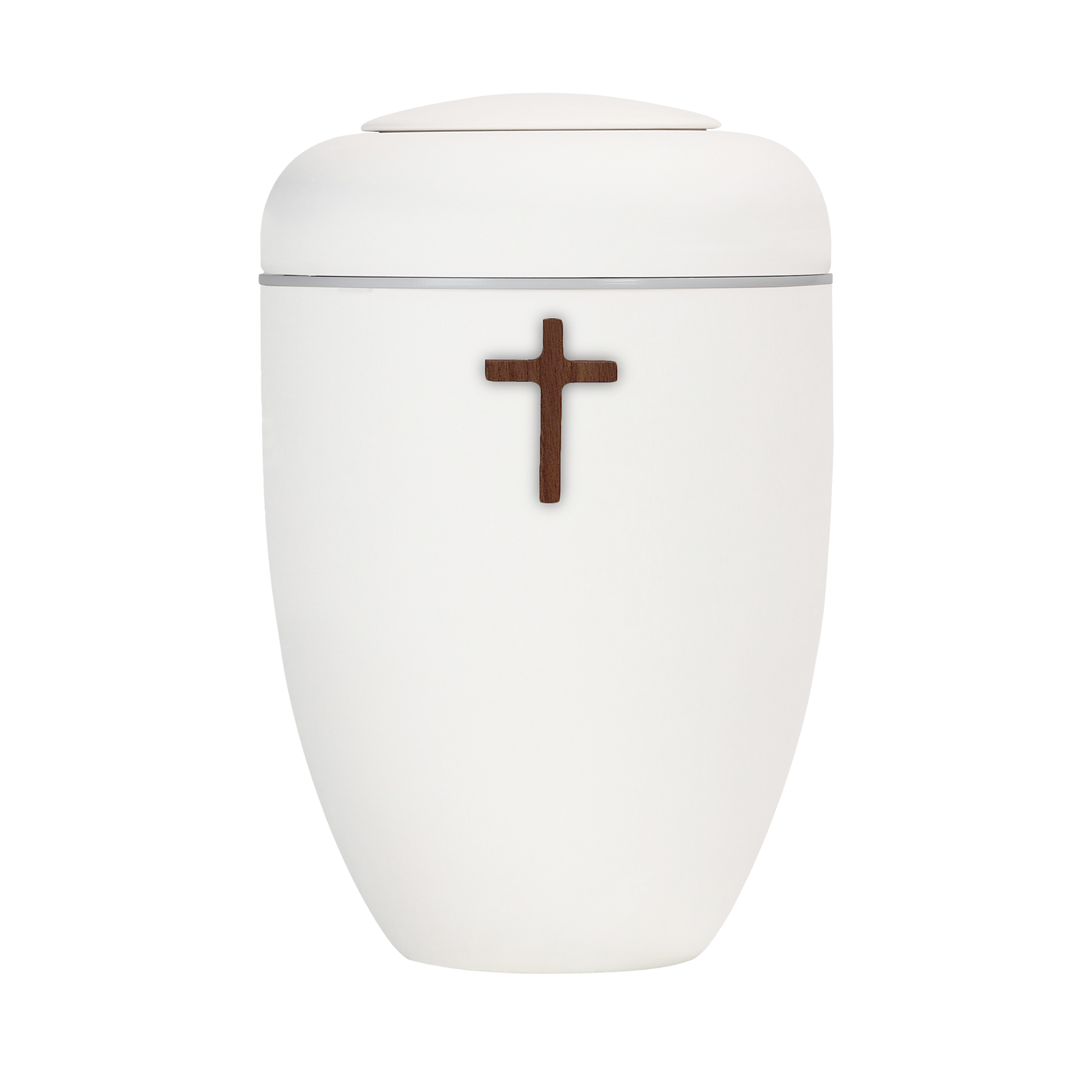 Cremeweiße Symbol-Urne mit Holzkreuz und weißer Plexiglasscheibe